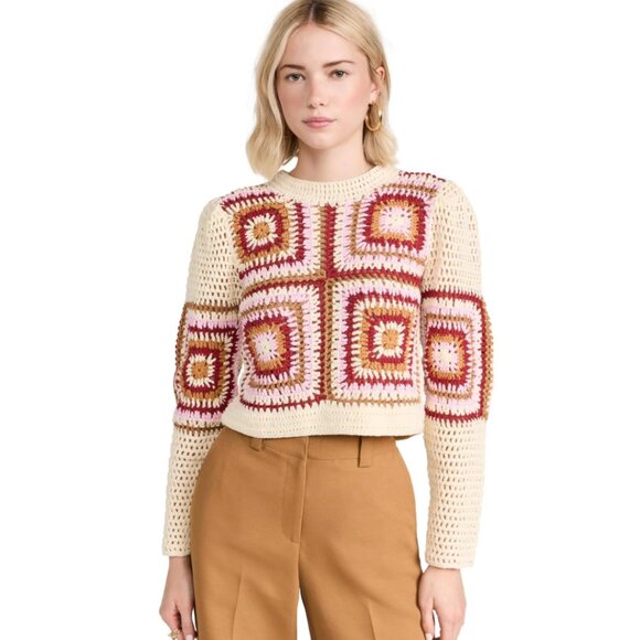 MinkPink Norah Crochet Sweater Womens XS Cream Pink Red Crew Neck Long Sleeve - Picture 1 of 11